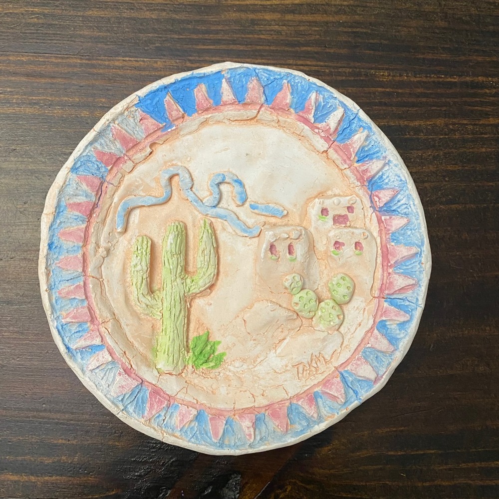 Southwest Desert‎ Wall Hanging Plate Cactus Ceramic Art Pottery Signed 7.5" OOAK